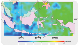 Gambar 1. Kenaikan muka air laut Indonesia berdasarkan altimeter tahun 1993-2008 (Sofian dan Wijanarto, 2008)